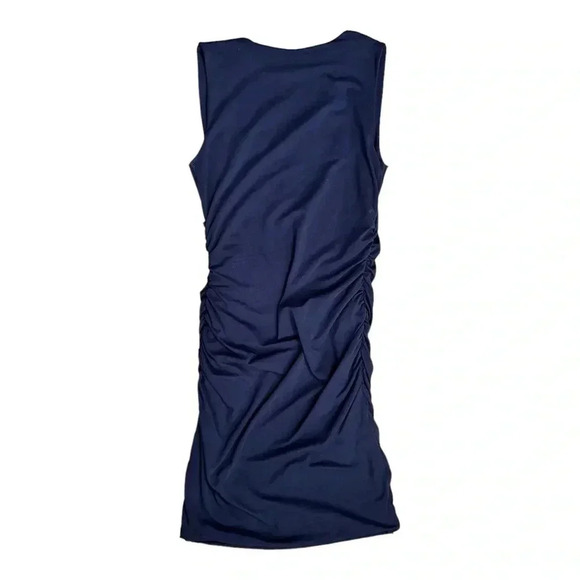 BODEN Dark Blue Sleeveless Midi Dress sz 10 Bodycon V-neck Ruched Side Stretch - Picture 3 of 7